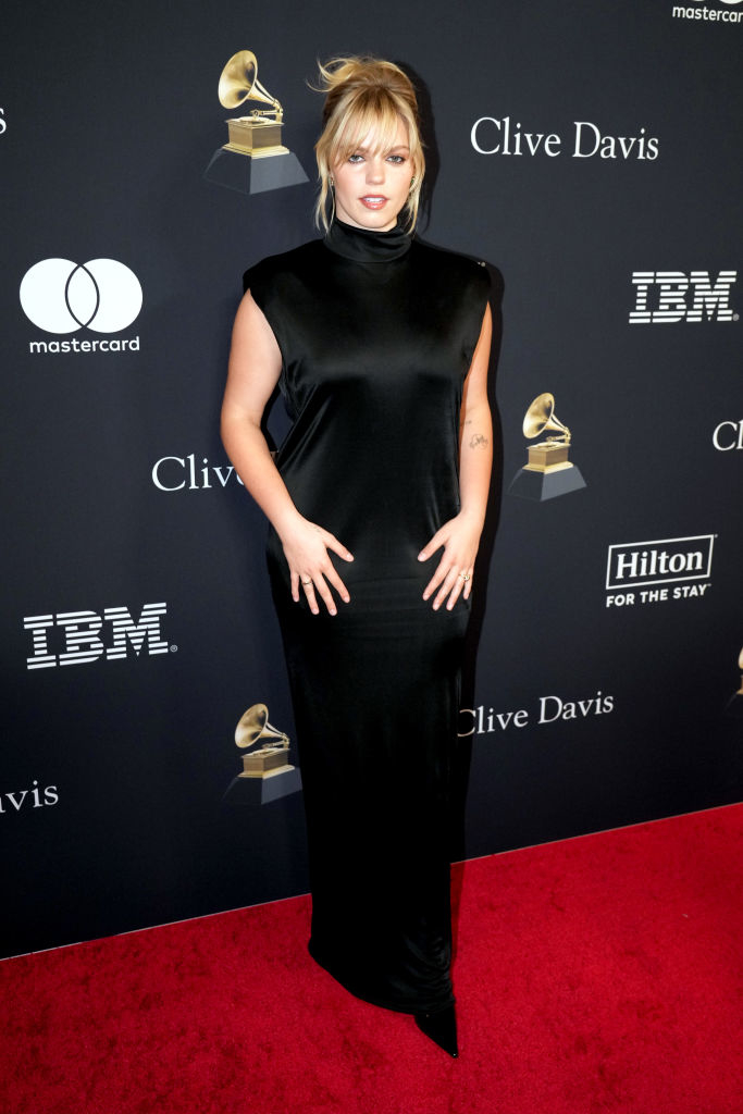 Reneé in a sleeveless black gown with high neckline at Clive Davis&#x27;s Grammy event