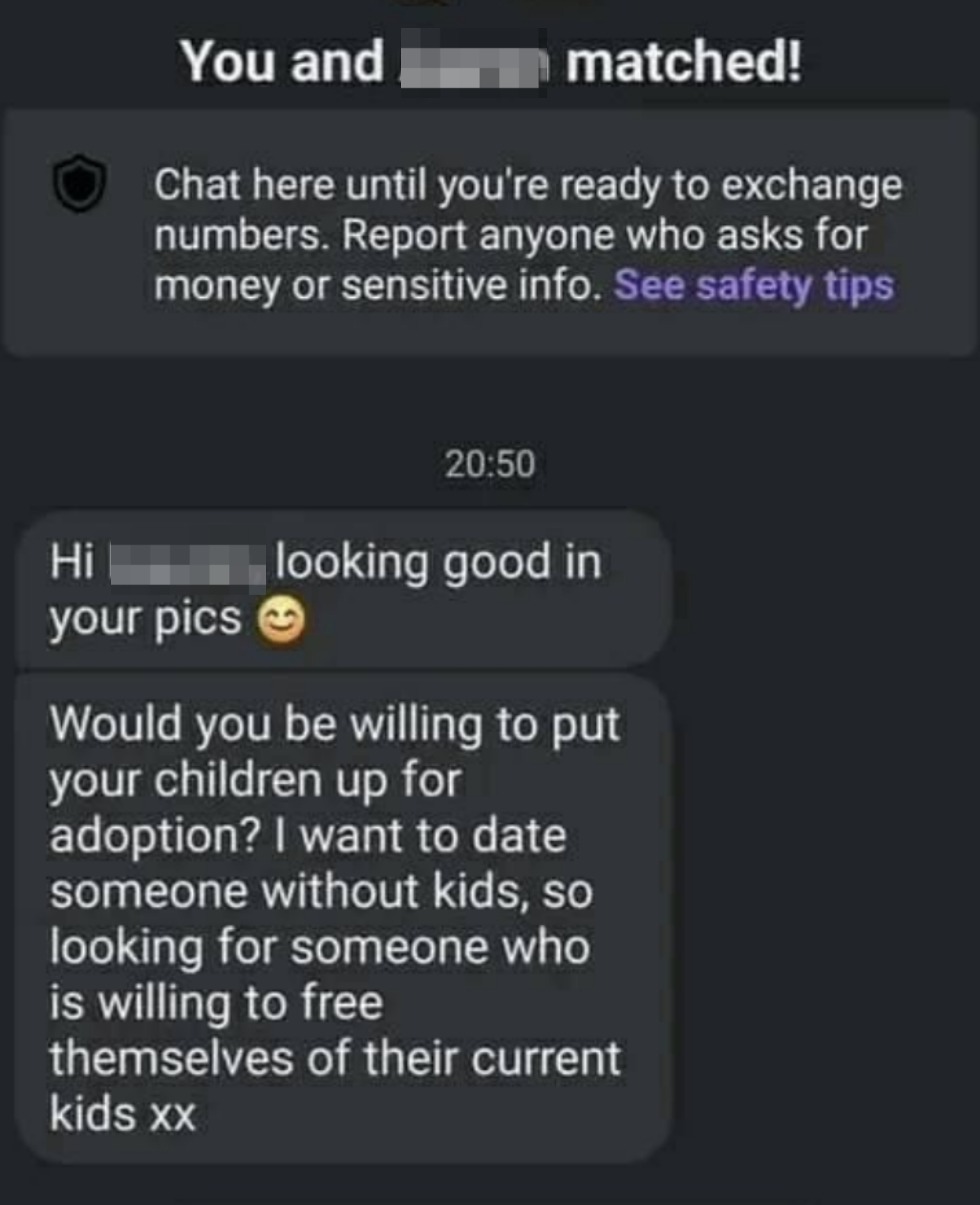 Text exchange in a dating app where person asks if other would consider putting their children up for adoption so they can date