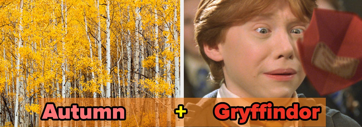 Autumn leaves on trees next to a separate image of Ron Weasley with wide eyes, a taut mouth and a red paper enveloped flying in his face