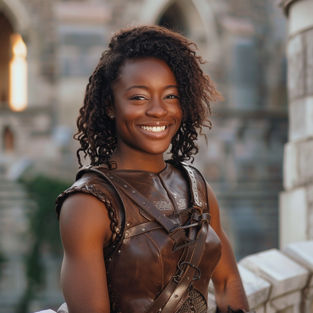 Smiling woman with curly hair wearing medieval-inspired leather outfit