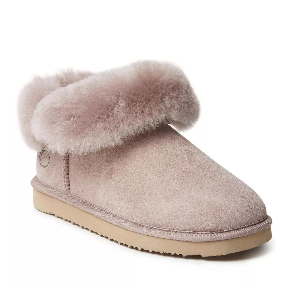 dusty pink fluffy-trimmed suede boot on a white background, suitable for winter wear