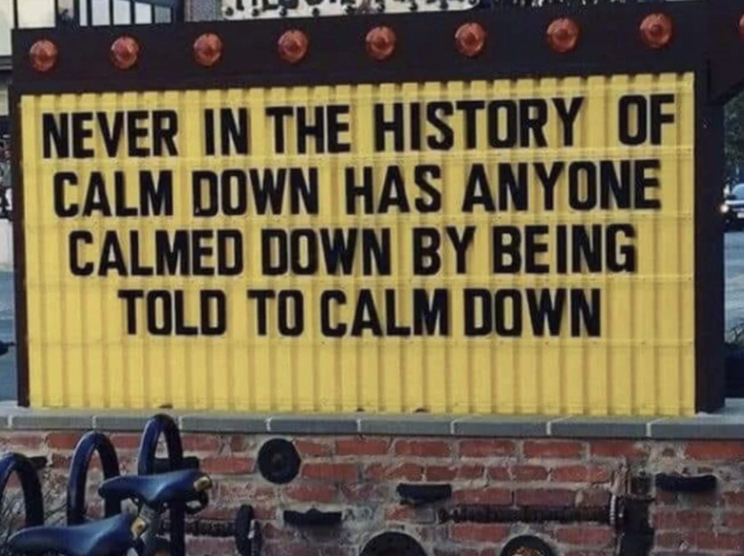 Sign reads &quot;NEVER IN THE HISTORY OF CALM DOWN HAS ANYONE CALMED DOWN BY BEING TOLD TO CALM DOWN&quot;