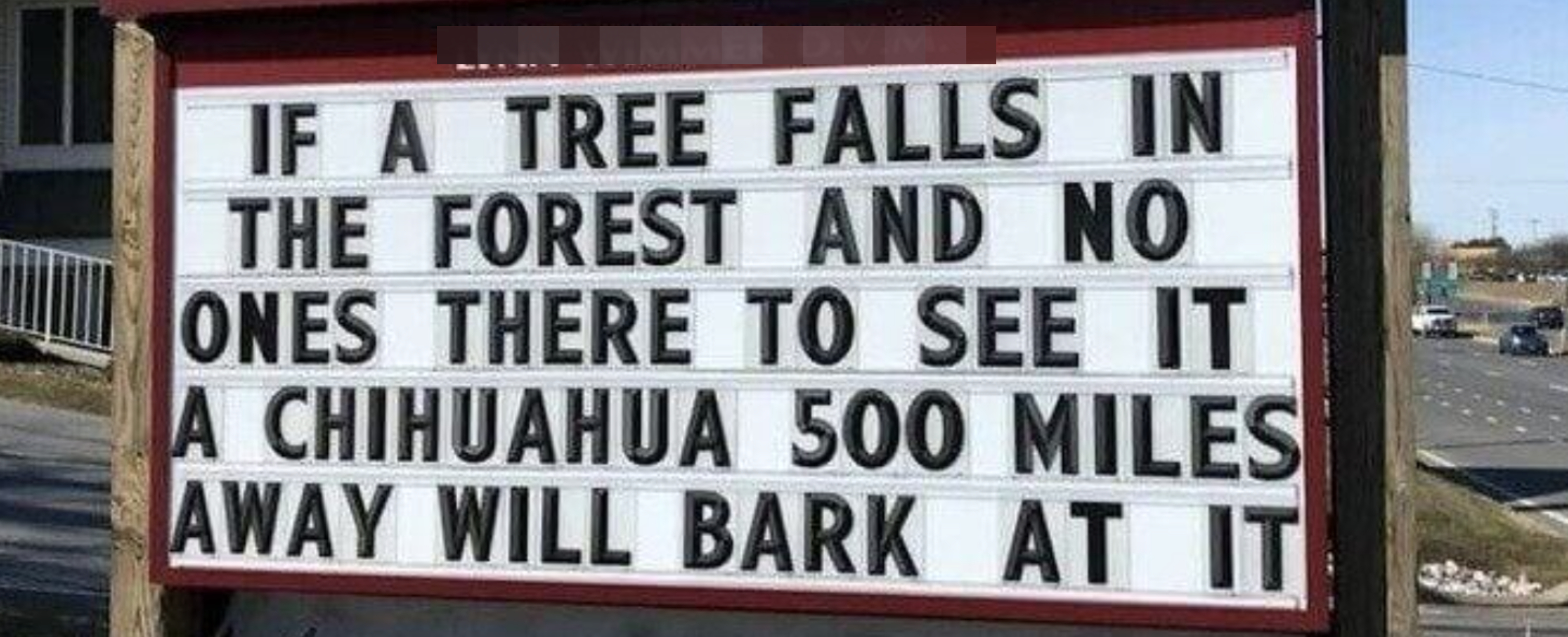 Sign with humorous saying: &#x27;If a tree falls in the forest and no one&#x27;s there to see it, a Chihuahua 500 miles away will bark at it.&#x27;