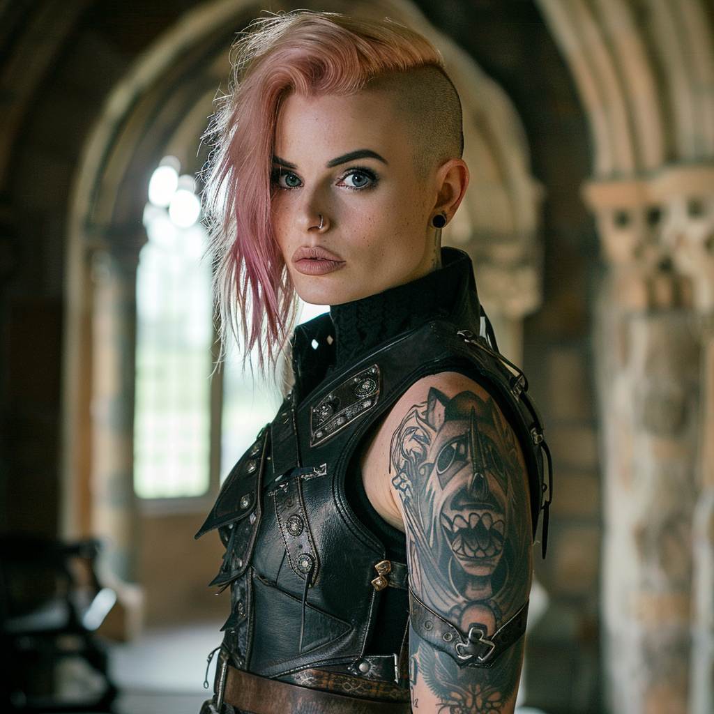 Woman with a mohawk and leather vest decorated with studs, featuring tattooed arms, inside an arched building