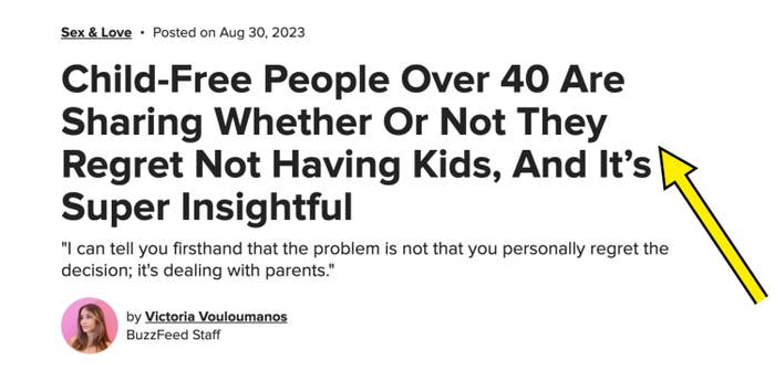 Article headline discussing child-free individuals over 40 and their thoughts on not having kids, by Victoria Vouloumanos