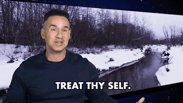 Man in casual attire gesturing, with inspirational text &quot;TREAT THY SELF&quot; over a winter scene backdrop