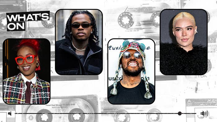 Collage of four musicians with graphics indicating a music-related event or lineup