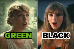On the left, Taylor Swift in the Cardigan music video labeled green, and on the right, Taylor Swift in the Anti Hero music video labeled black