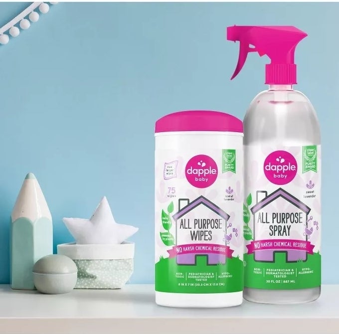 Dapple cleaning products on a counter with decor items