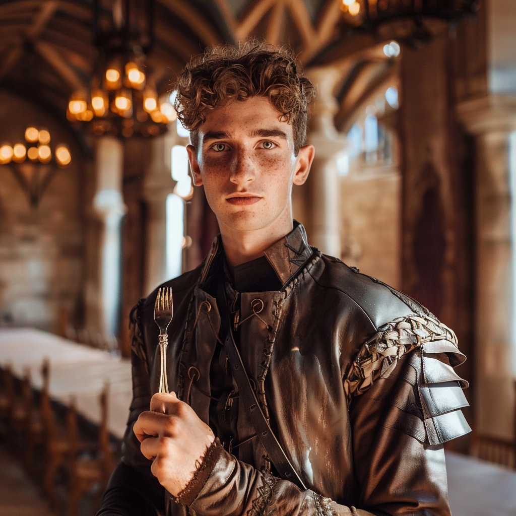 Young freckled man in medieval-inspired attire holding a fork