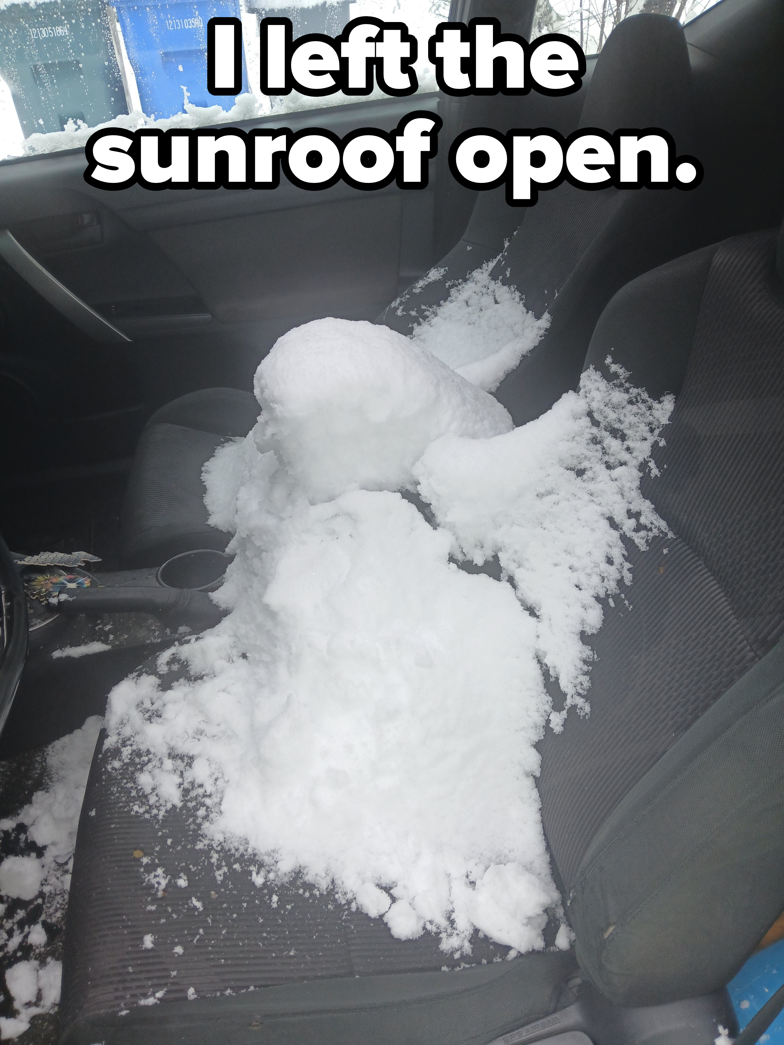 Heaped snow on a car&#x27;s passenger seat, with caption, &quot;I left the sunroof open&quot;