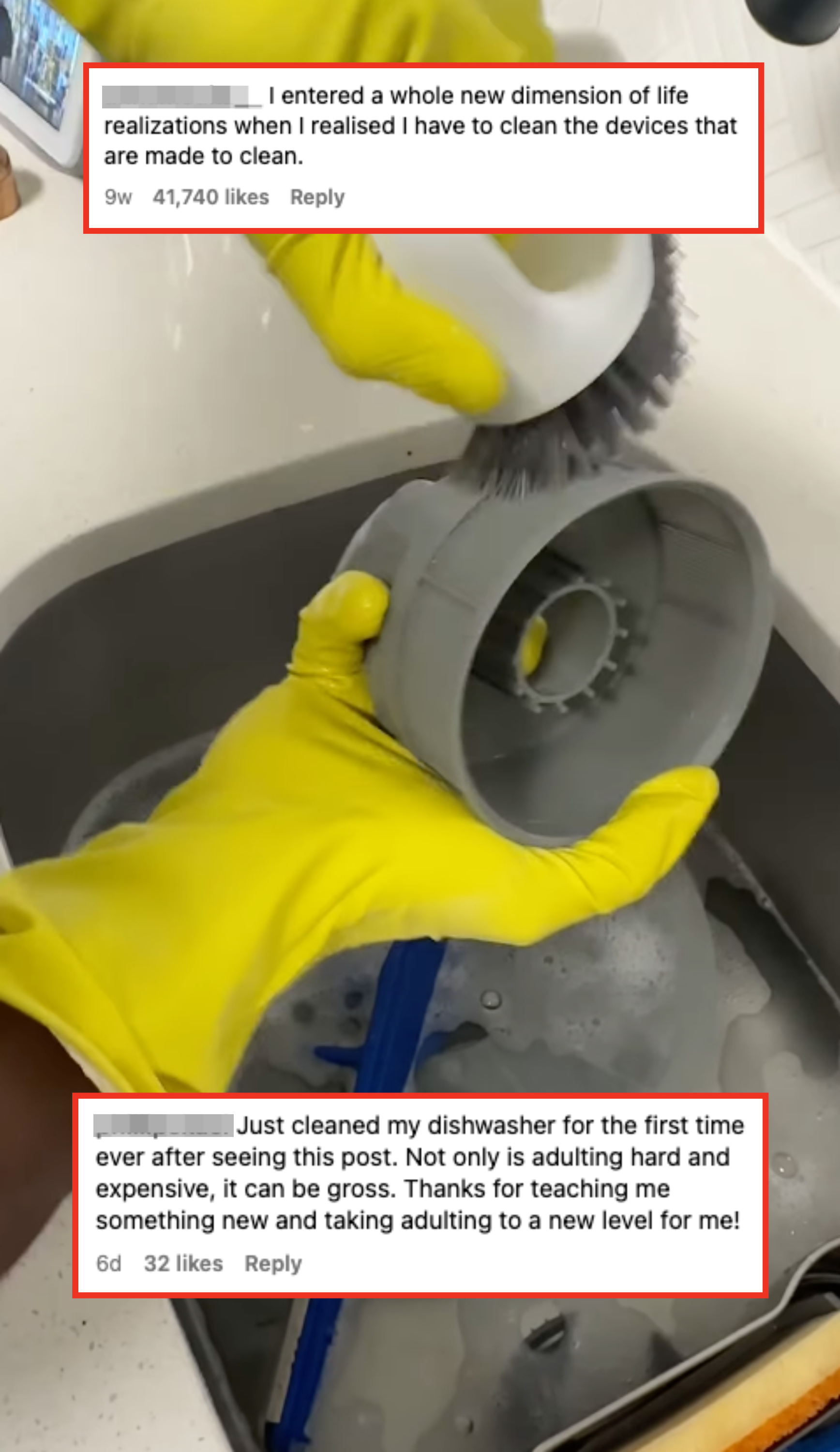 Hands in gloves scrubbing a sink strainer with a brush over a sink with captions about learning that devices made for cleaning also need to be cleaned and cleaning a dishwasher for the first time