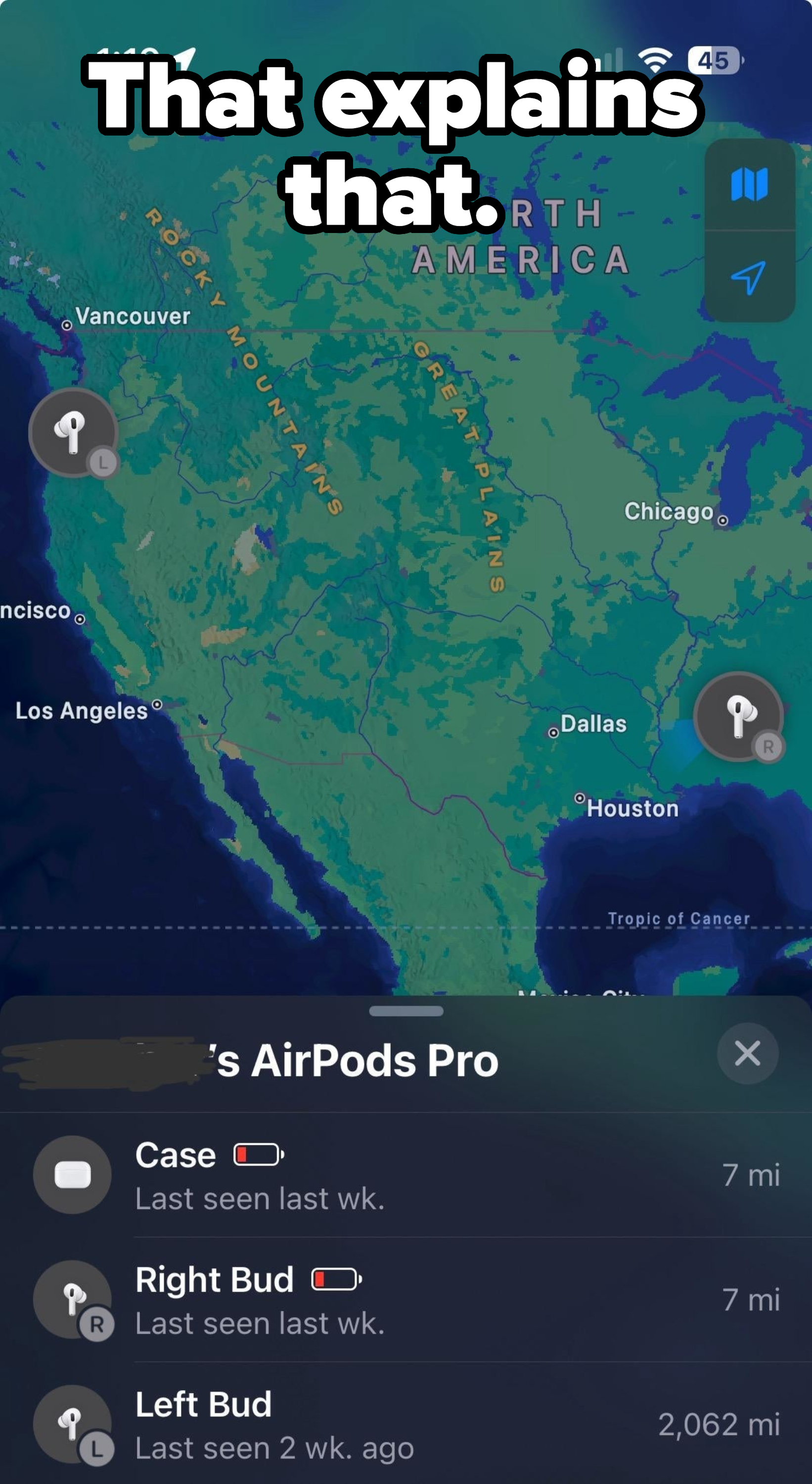 A map in Find My app shows the location of their AirPods Pro at various places around the country