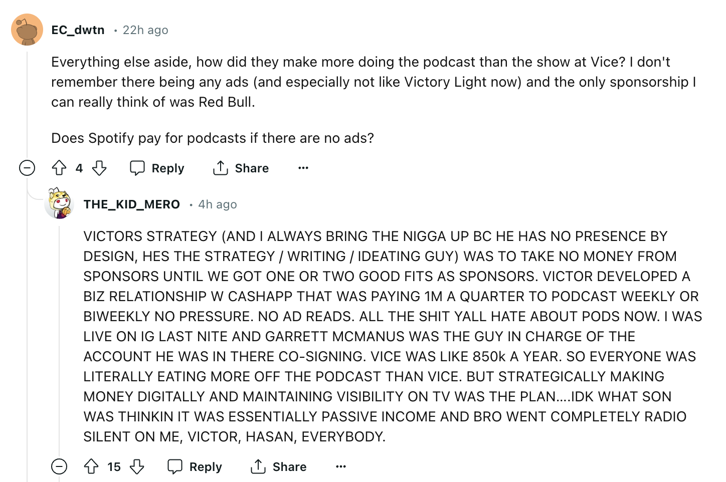Comment thread showing users discussing the impact of a podcast host on the show&#x27;s dynamic