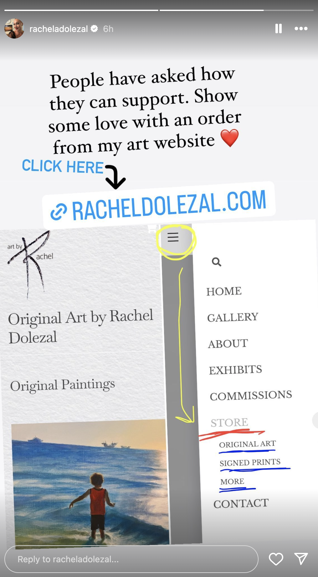An Instagram story screenshot featuring Rachel Dolezal promoting her art website with options: Gallery, Exhibits, Original Art, Store, More, Contact