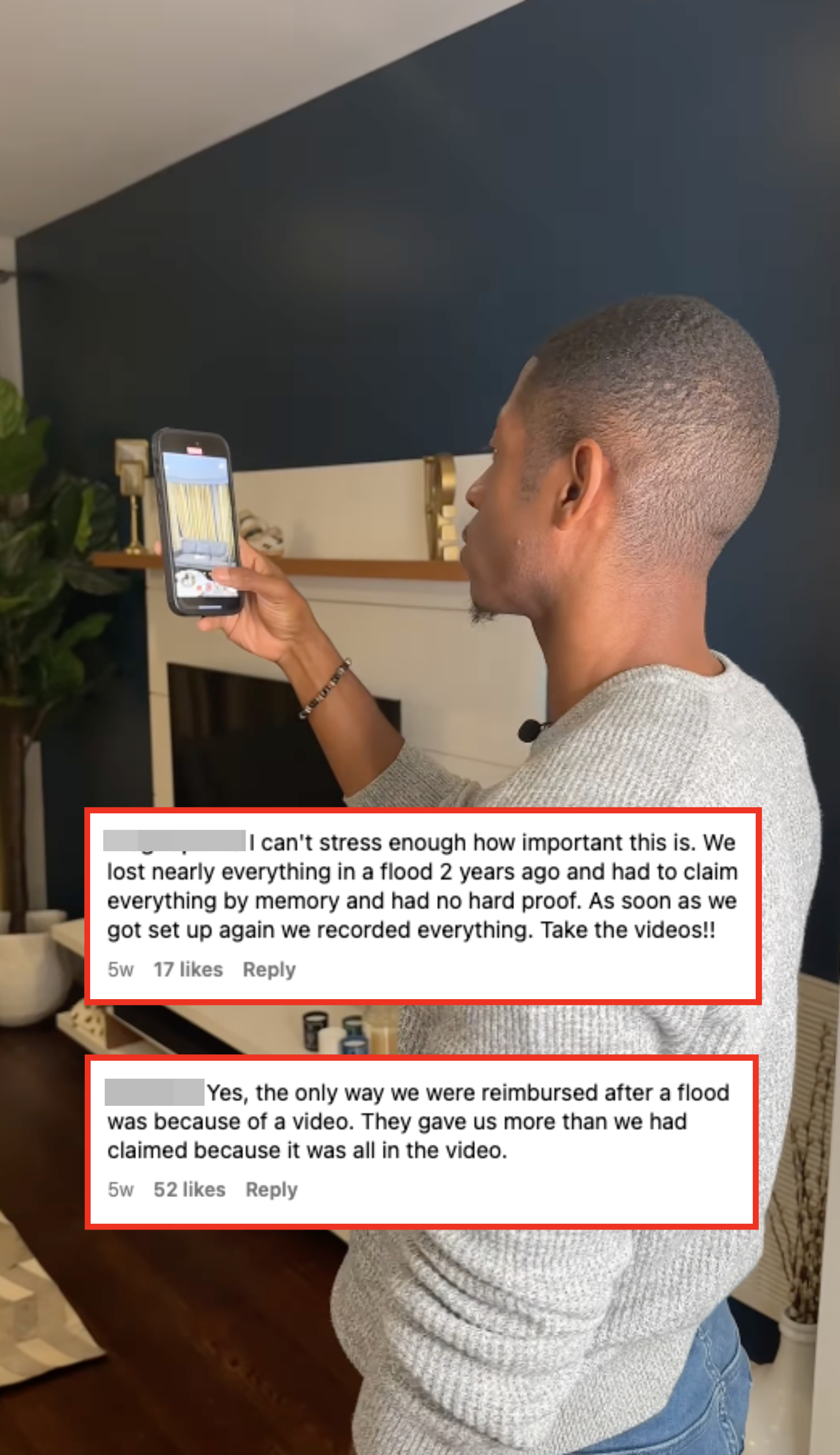 Kyshawn holding a smartphone with video recording, standing indoors near a TV, with comments about the importance of a video walk-through