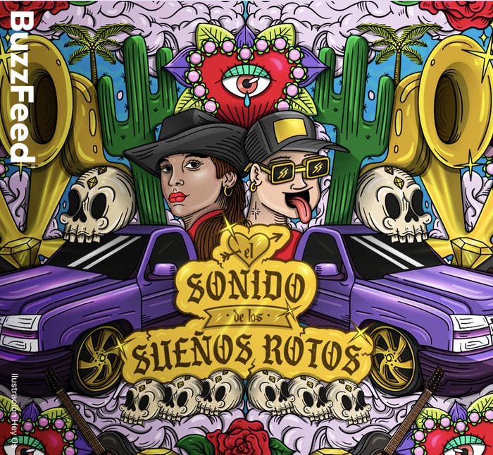 Ilustración estilizada con dos personajes animados frente a coches, rodeados de símbolos de calaveras y flores, con el logo de BuzzFeed