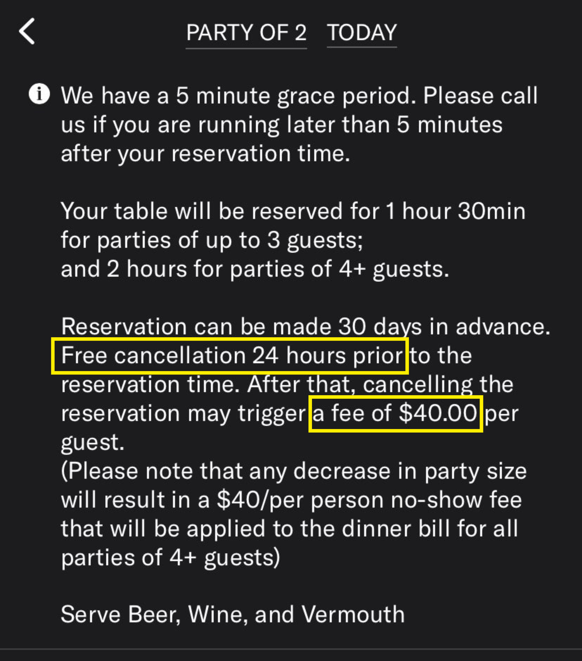 Restaurant reservation policy notice explaining fees for no-shows ($40/guest) and cancellations ($40/guest) and late arrivals policy (5-minute grace period w/o phone call)