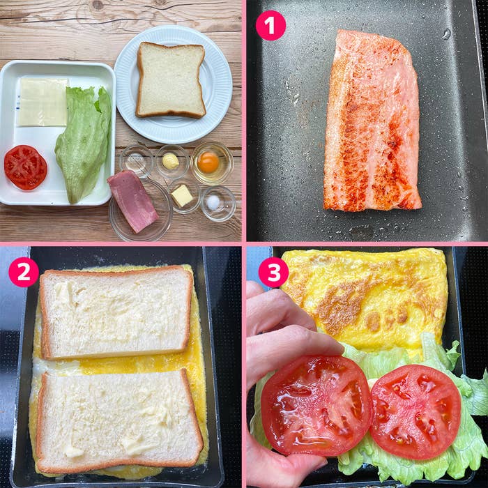 画像は、サンドイッチを作る手順を示しており、4つのステップがある。