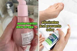 A reviewer holding a bottle of watermelon dew drops and a model holding a foot deodorizer spray