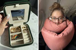 a hand opening a travel jewelry case and a reviewer with a pink neck pillow