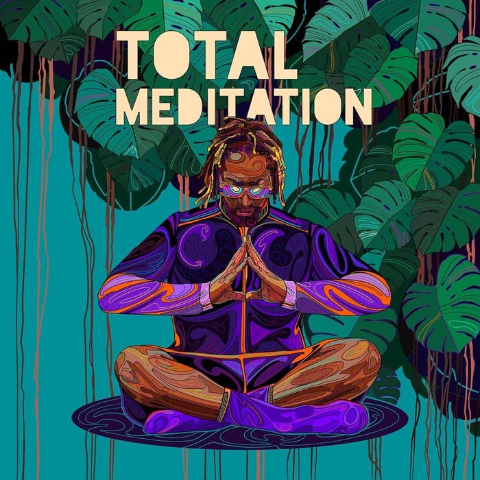 Album cover for &quot;TOTAL MEDITATION&quot; featuring an illustration of a person meditating with hands together in a serene backdrop