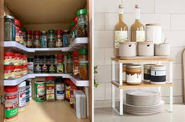 stackable spice organizers in a u shape / stackable shelves on a kitchen counter holding items