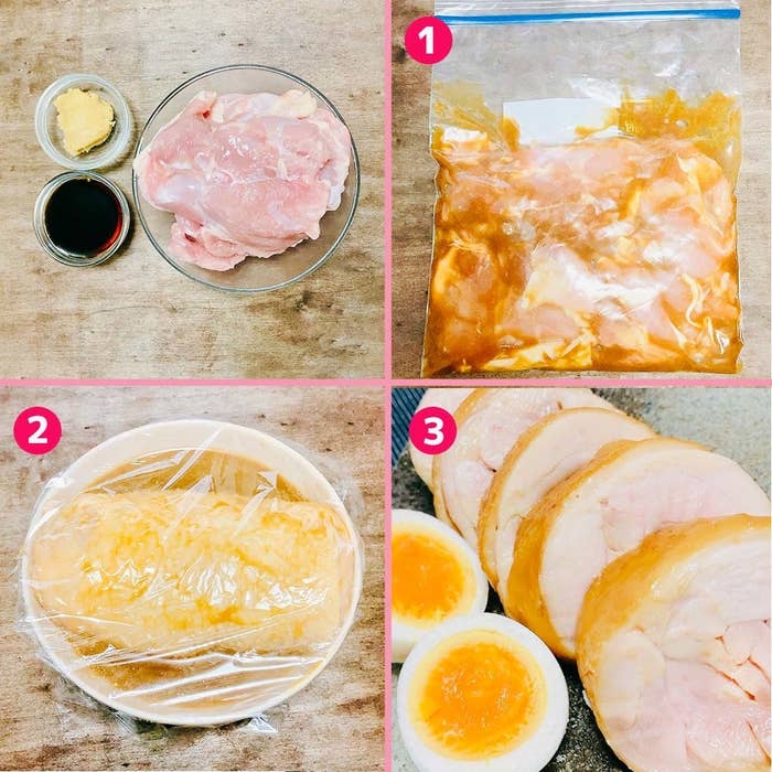 画像には、チキンの調理過程を示す4つのステップがあります。鶏肉のマリネ、ジップロックでの保存、成形後の冷蔵、スライスされた完成品。