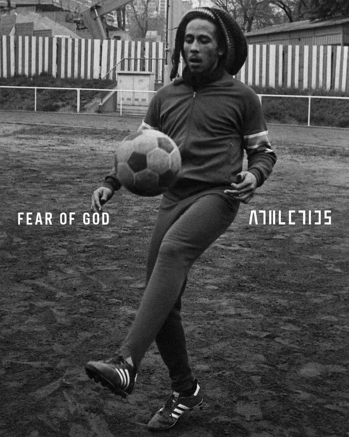 Man in sportswear juggles a soccer ball, showcasing classic sneakers. Text overlay promotes &#x27;Fear of God&#x27; brand
