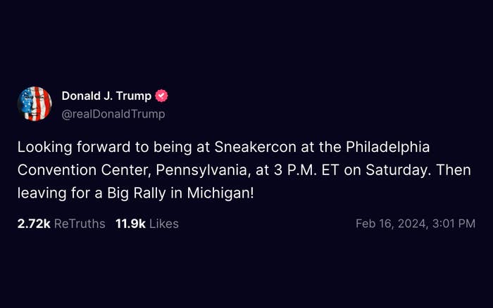 Tweet from Donald J. Trump announcing a convention at Sneakercon in Philadelphia at 3 PM, followed by a Big Rally in Michigan at 6 PM