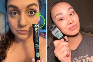 reviewer wearing mascara on one eye and holding tube of mascara and reviewer holding tube of primer
