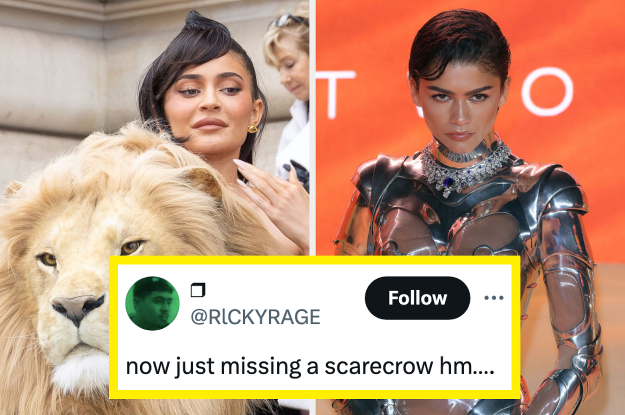Photo compilation: Kylie with lion, Zendaya on red carpet in futuristic outfit, and a tweet overlay commenting &quot;now just missing a scarecrow hm...&quot;