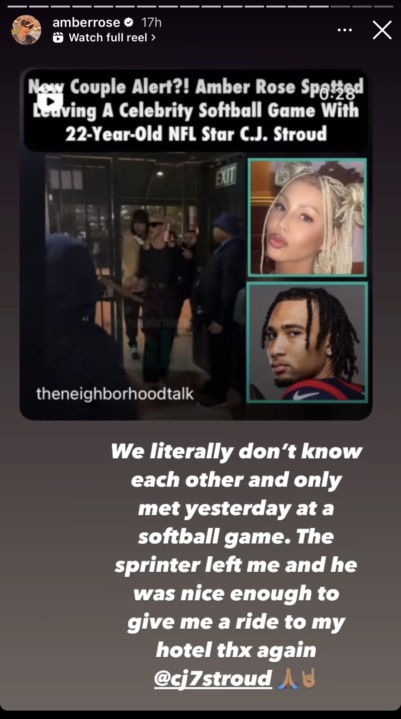 Amber Rose&#x27;s Instagram story showing her and NFL player C.J. Stroud, with text overlay sharing a brief encounter story