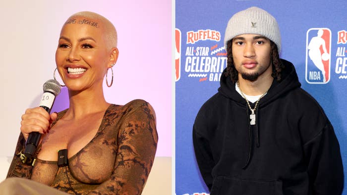 Amber Rose in patterned outfit speaking into a mic, CJ Stroud wearing a knit cap and hoodie at an event