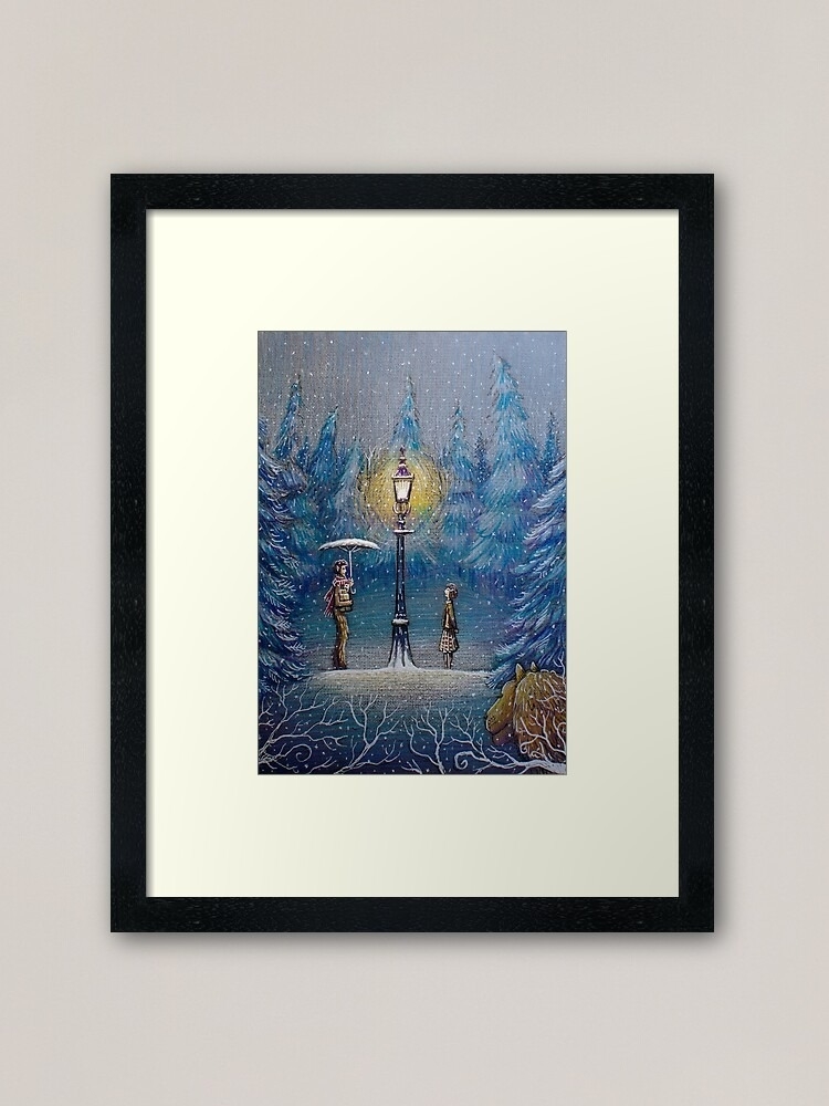 Framed artwork depicting characters from Narnia around a lamppost, suitable for home decor