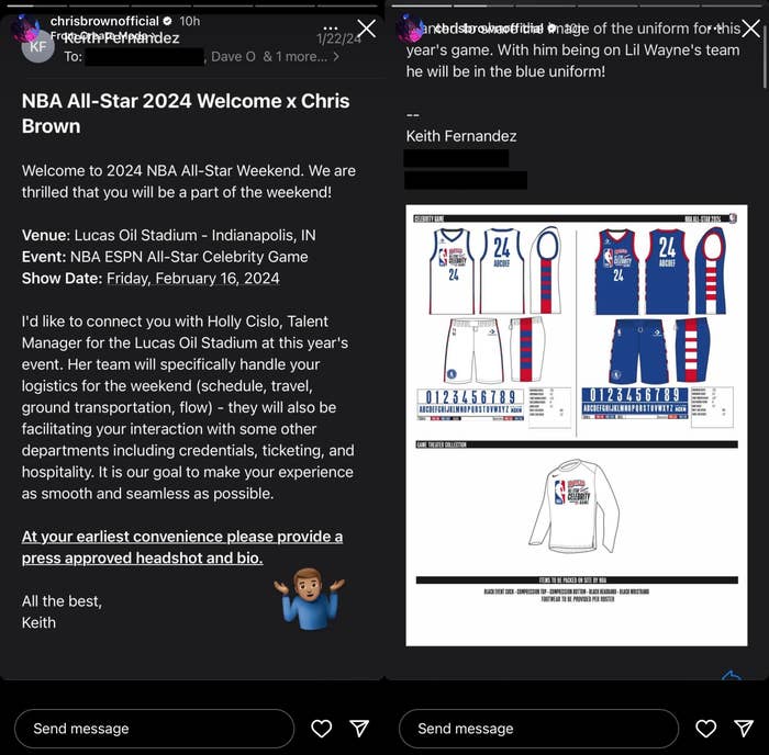 Image of an Instagram post by singer Chris Brown featuring event details for the NBA All-Star Celebrity Game, including date, venue, and RSVP instructions