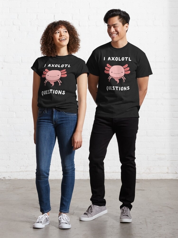 Two people wearing matching black T-shirts with &quot;I AXOLOTL QUESTIONS&quot; print and axolotl graphic, posing casually