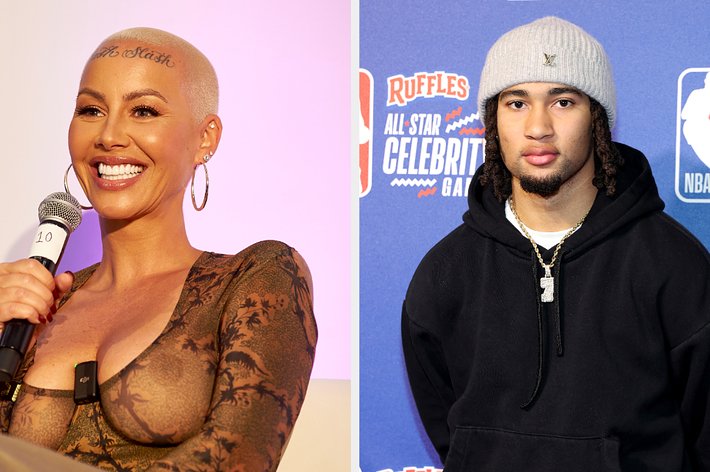 Amber Rose in patterned outfit speaking into a mic, CJ Stroud wearing a knit cap and hoodie at an event