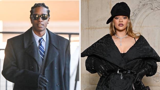 A$AP Rocky in a tailored suit and Rihanna wearing an oversized ruffled outfit with a hat. Both posing separately.
