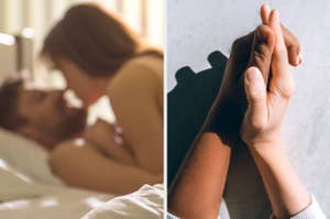 On the left: A couple embracing in bed On the right: Two hands being held in sunlight