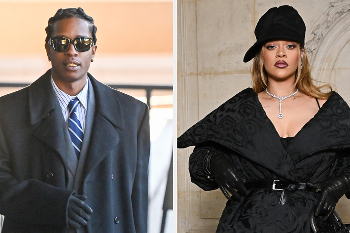 A$AP Rocky in a tailored suit and Rihanna wearing an oversized ruffled outfit with a hat. Both posing separately.