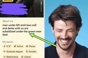 dating profile that says "men under 6ft emit less co2 and dates with us are subsidized under the green new deal" and a laughing reaction