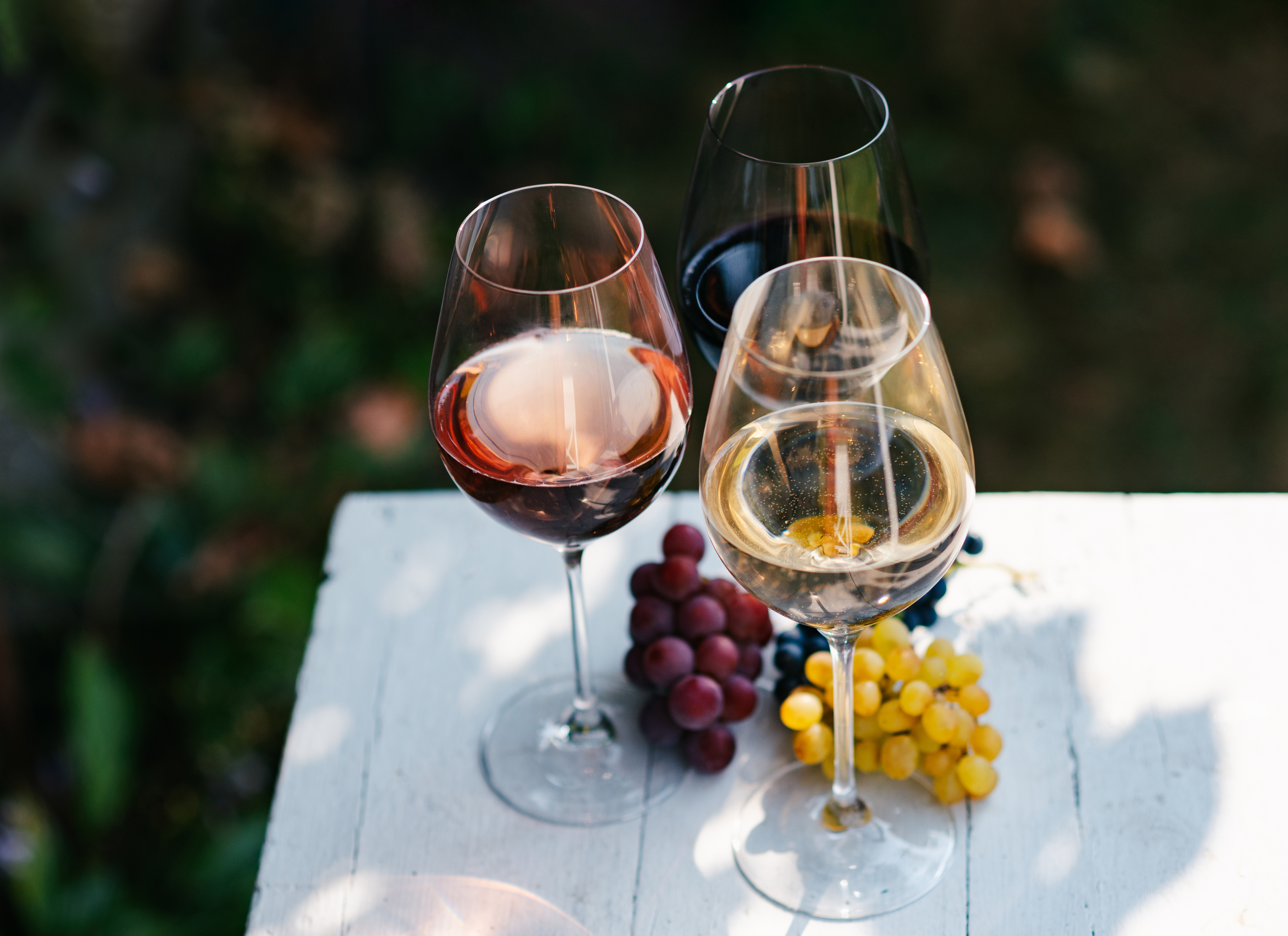 Three wine glasses with red, white, and rosé wine on table beside grapes
