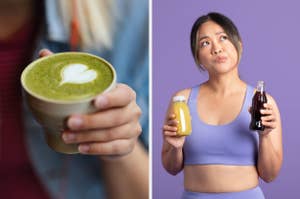 A cup of matcha vs a woman considering a smoothie or a soda