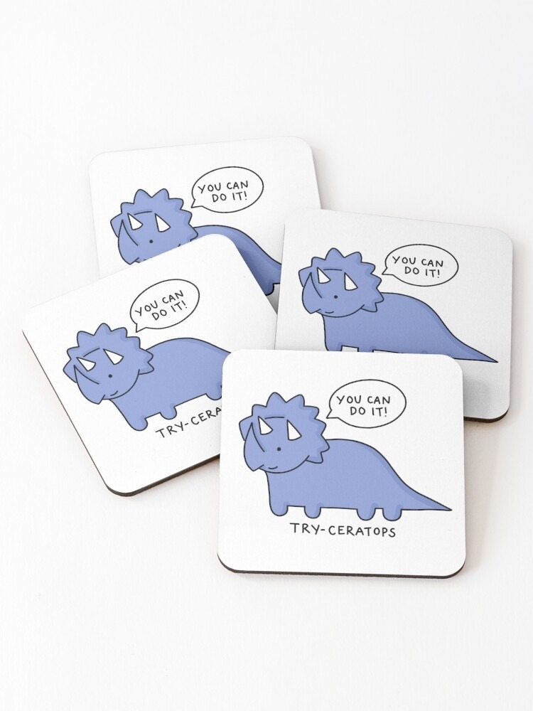 Motivational coasters with cartoon dinosaurs and encouraging phrases like &quot;You can do it!&quot;