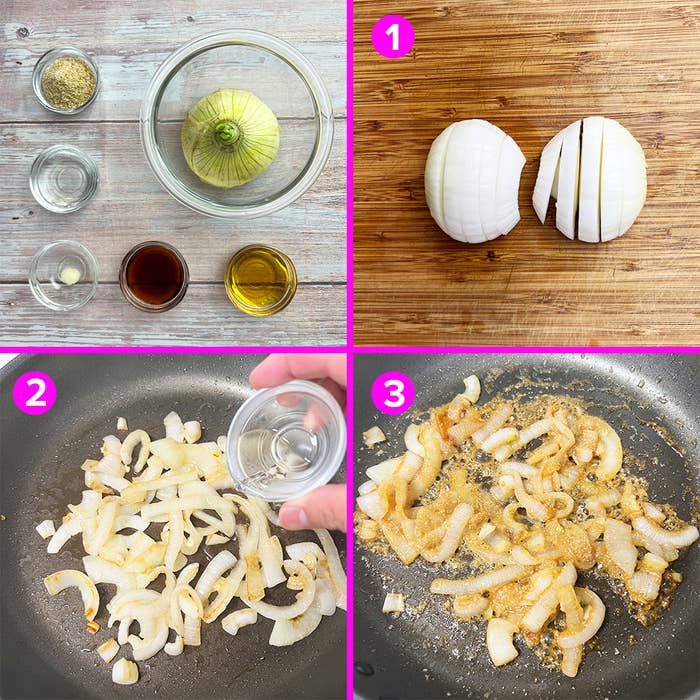調理手順を示す4枚の写真。1つ目は玉ねぎと調味料、2番目と3番目は玉ねぎをフライパンで調理している様子。