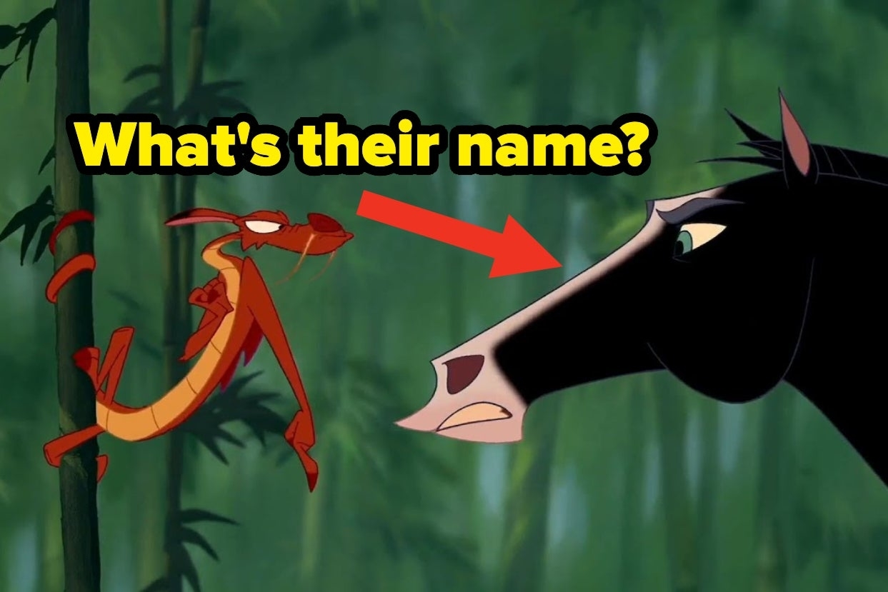 Mushu the dragon from Disney&#x27;s Mulan is next to a horse, with a text prompt asking for the horse&#x27;s name