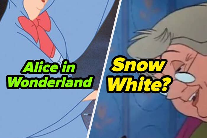 Side-by-side images of animated characters Alice and the Witch from Snow White with their names