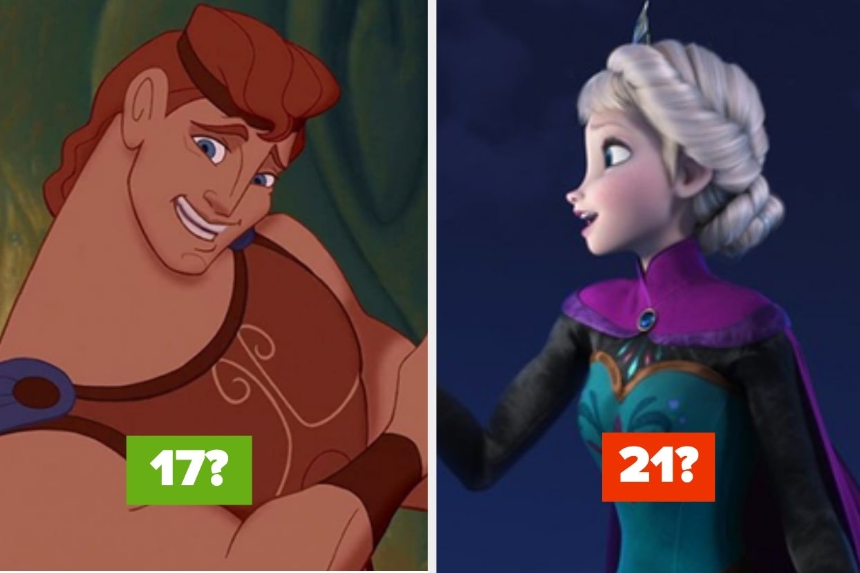 Hercules and Elsa with age-guessing labels &quot;17?&quot; and &quot;21?&quot; for an article on character ages in movies