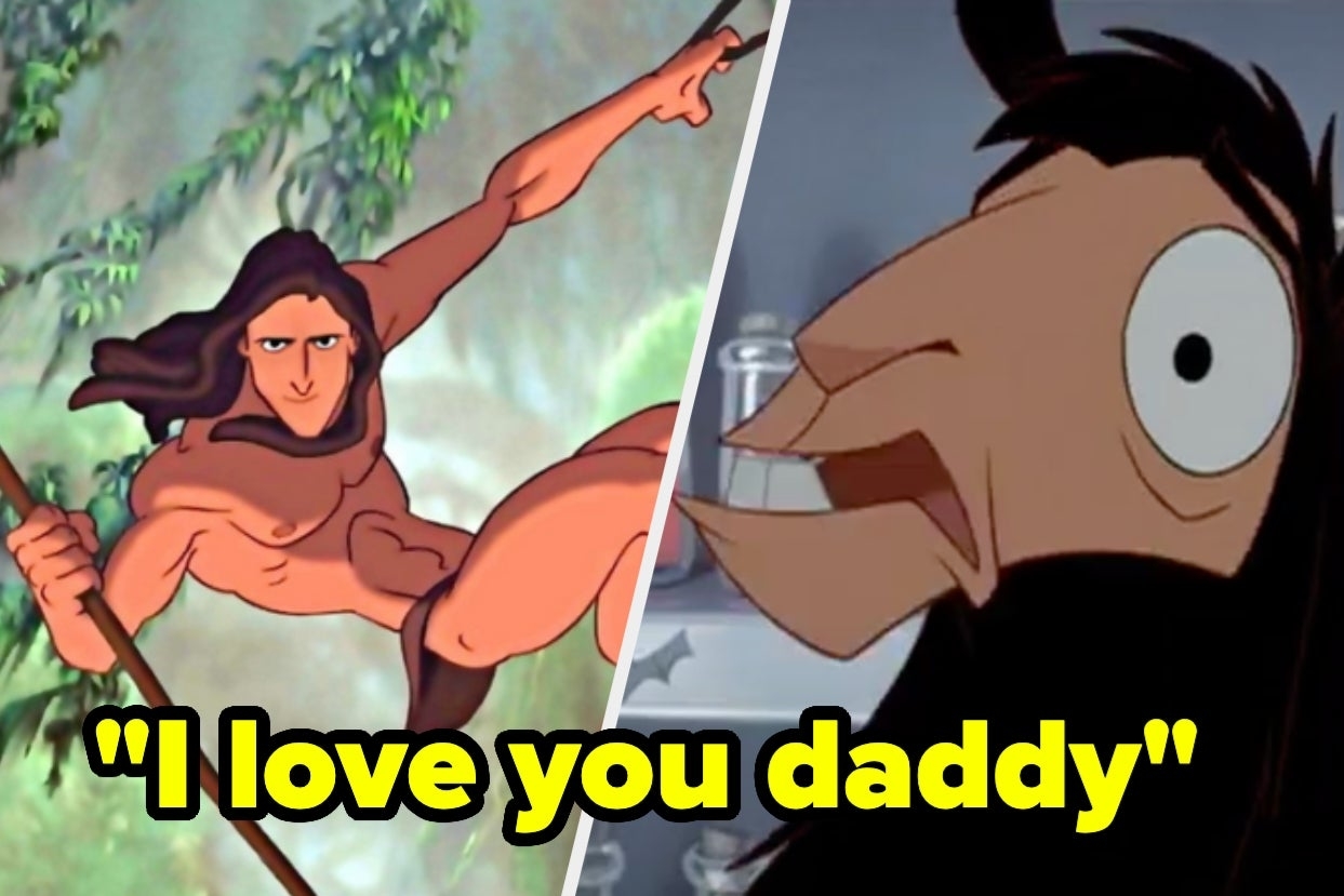 Tarzan pointing upwards and his father, Kerchak, with text &quot;I love you daddy&quot; from the movie
